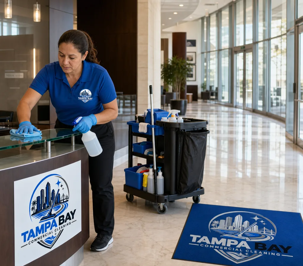 Commercial cleaner disinfecting high-touch surfaces in a Tampa office lobby