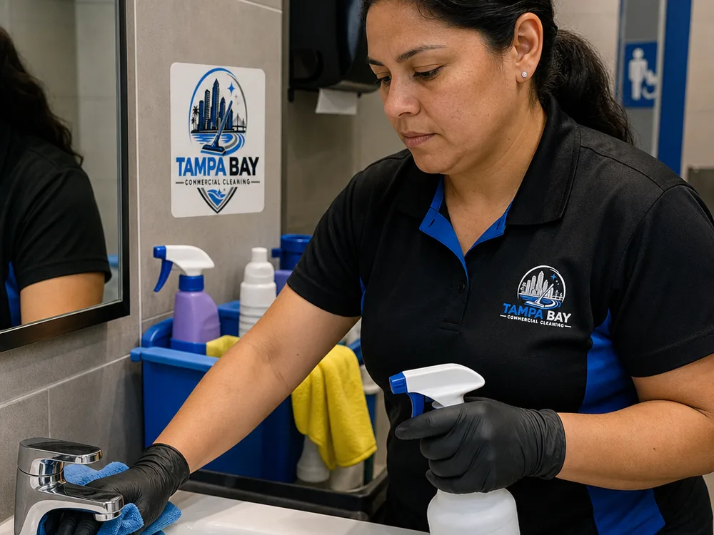 Janitorial technician disinfecting restroom faucets and door hardware with labeled products and color-coded microfiber cloths