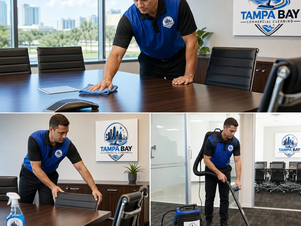 Cleaner wiping a conference table and resetting a professional office conference room