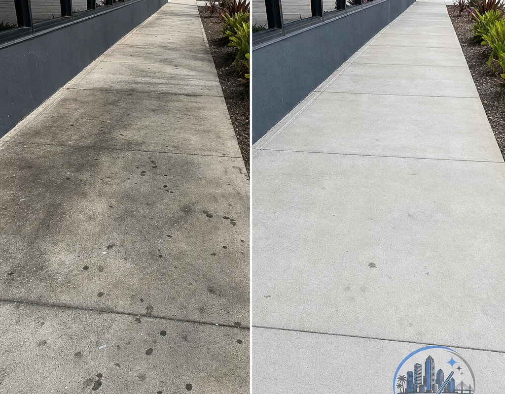 Before-and-after comparison of a Tampa commercial sidewalk with organic staining and gum spots removed