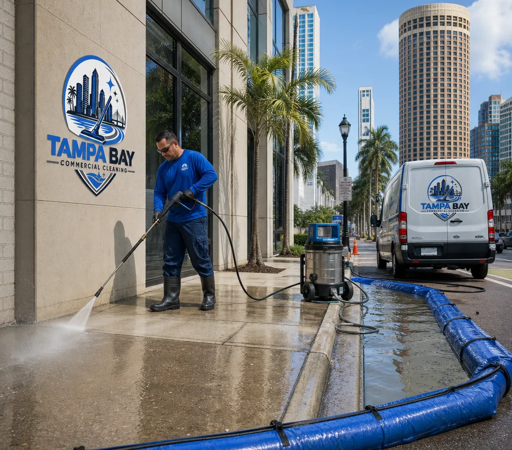 Technician pressure washing a commercial storefront sidewalk in Tampa with runoff containment near the curb