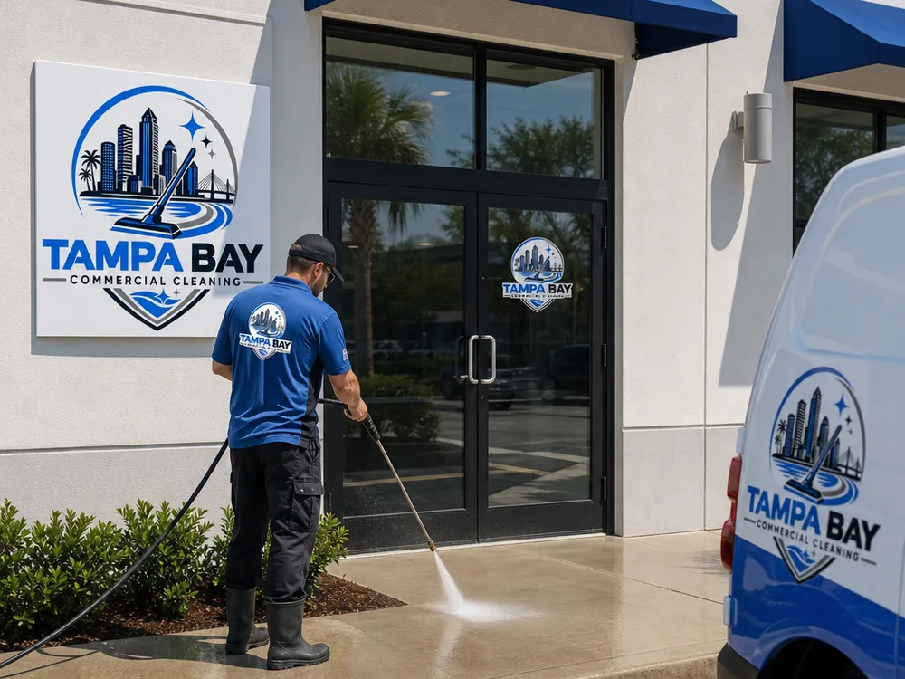Clean commercial storefront facade and concrete entry area after pressure washing