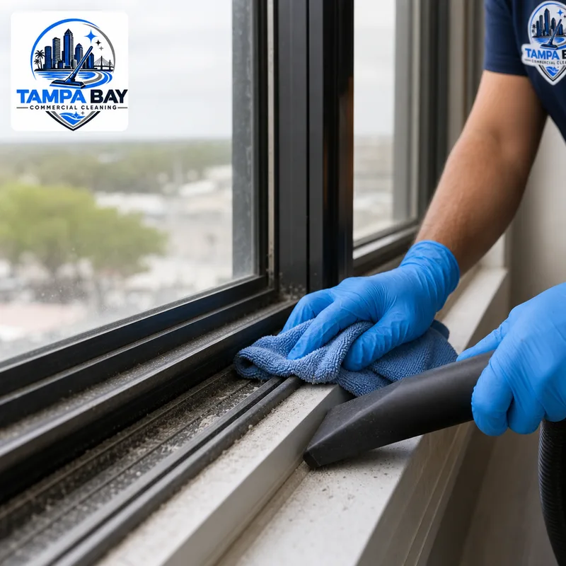 Cleaner removing drywall dust from a window track using dry capture before damp wiping