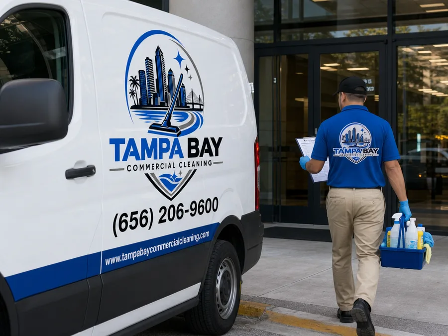 Professional cleaner checking a commercial facility scope checklist