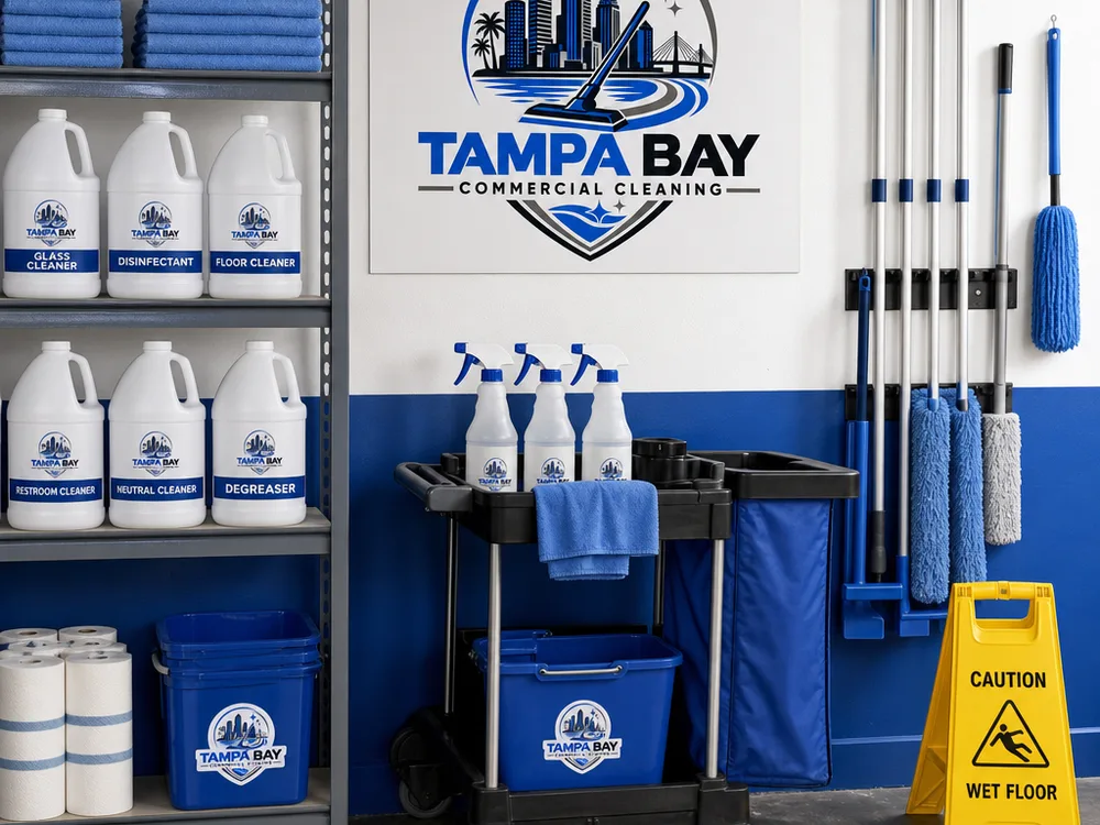 Organized commercial cleaning supplies and equipment in a Tampa workspace